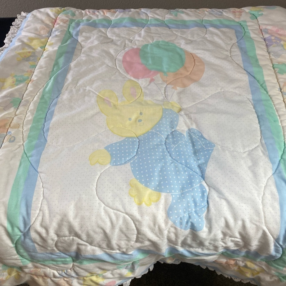 Vtg Vintage Baby Dreams Pastel Bunny Rabbits  Print Blanket 1988! By Bibb 38x30